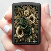 Vintage Bloom Leopard Border: Custom Text Zippo Lighter