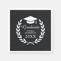 Elegant Black Personalized Name Graduation Emblem Napkins