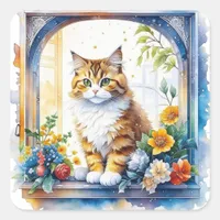 Cat in Window with Flowers Square Sticker
