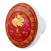 Chinese Zodiac Rabbit Red/Gold ID542 Ceramic Knob