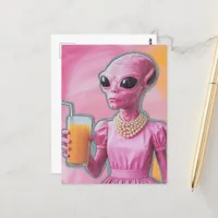 Surreal Alien Lady in Pink With Orange Juice Postcard