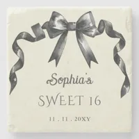 Elegant Watercolor Coquette Black Bow Sweet 16 Stone Coaster