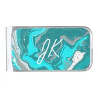 Blue, Teal and Turquoise Marble Fluid Art Monogram Silver Finish Money Clip