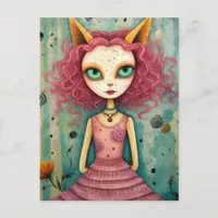 Adorable Lady With Cat Ears Mixed Media Collage Postcard