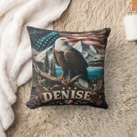 Eagle on Branch With Flag Background Throw Pillow