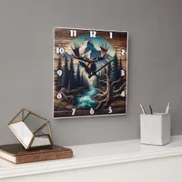 Moose Head Mount Overlooking Mountain Stream Square Wall Clock