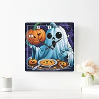 Ghost celebrating Halloween with pumpkins Square Wall Clock