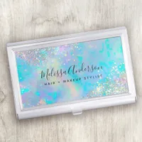 Teal Holographic Glitter Stone Business Card Case