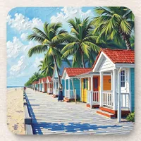 Colorful Tropical Vibrant Beach Huts Beverage Coaster