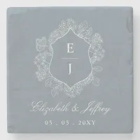 Dusty Blue Floral Crest Monogram Wedding Stone Coaster