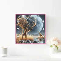 Giraffes under a moonlit sky in Africa’s savannah Square Wall Clock