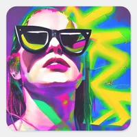 Hot Girl in Sunglasses Unique Modern Art Square Sticker