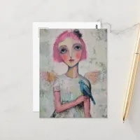 Angel with pink hair and a blue bird postcard
