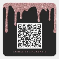 Black Rose Gold Glitter Drips QR Code Business Square Sticker