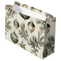 Sage Green Gold Christmas Ornaments Pattern Large Gift Bag