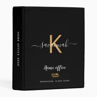 Monogram black gold typography office school mini binder