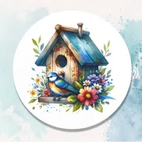 Cute Little Watercolor Birdhouse and Bird Classic Round Sticker