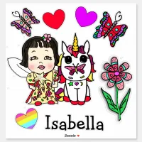 Hand Drawn Asian Fairy, Unicorn and Name Sticker