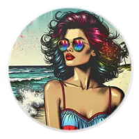 Beautiful Woman on Beach Comic Book Pop Art Ceramic Knob