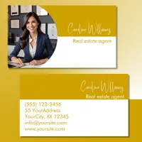 Modern real estate agent round photo mustard white business card