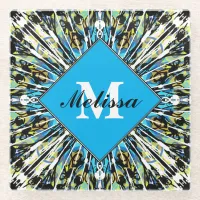 Pretty Blue & White Pattern Custom Name Monogram Glass Coaster