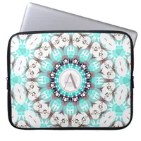 Aqua White Hearts Mandala w/ Custom Text Laptop Sleeve