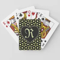 Bold Black & Green Pattern Monogram Heart Poker Cards