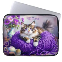 Cat  in Purple Yarn and Flowers Personalized Laptop Sleeve