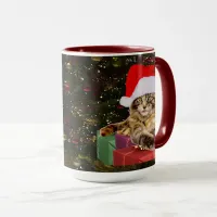 Maine Coon Cat Santa & Gifts Christmas Tree Behind Mug