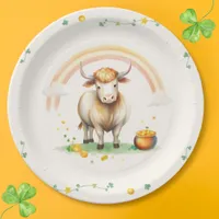 Watercolor Highland Cow Rainbow St Patricks Day Paper Plates