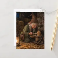 A Beautiful Gnome Feeding a Ginger Kitten Postcard