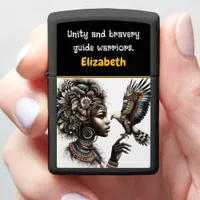 Warrior woman bonds with her eagle zippo lighter