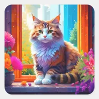 Cute Orange and White Cat Sitting in City Window Square Sticker