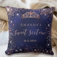 Sweet 16 blue rose gold tiara name script throw pillow