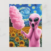 Pink Alien Screams in Van Gogh Sunflower Field Postcard