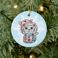 Personalized Cartoon Kitty Cat in Winter Hat   Ceramic Ornament