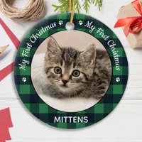 Cat Pet Photo Green Plaid Kitten First Christmas   Ceramic Ornament