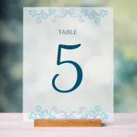 Elegant Floral Bow Chic Blue Wedding Table Number Acrylic Sign