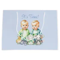 Blue, Green Twins Watercolor Baby Shower Large Gift Bag