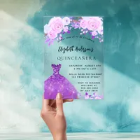 Quinceanera pink purple flowers dress clear acrylic invitations