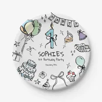 Hand Drawn 1st Birthday Paper Plates