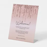 Welcome COVID Safety Wedding Rose Gold Glitter Pedestal Sign