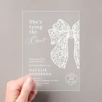 White Lace Bow She's Tying the Knot Bridal Shower Acrylic Invitations