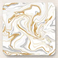 White, Gold and Gray Marble Like Swirls Fluid Art  Beverage Coaster