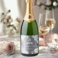 25th wedding anniversary silver florals sparkling wine label