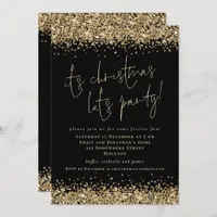 Glam Gold Glitter Its Christmas Lets Party Black Invitation