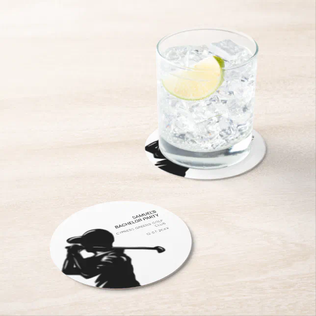 Black golfer Golfing Trip Bachelor Party minimal  Round Paper Coaster