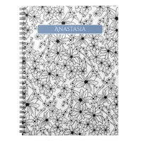 Hand Drawn Floral White Black Pattern & Blue Name Notebook