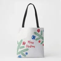 Christmas tree branch with snowflake decorations tote bag