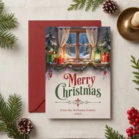 Vintage Traditional Cozy Cabin Window Christmas Holiday Card